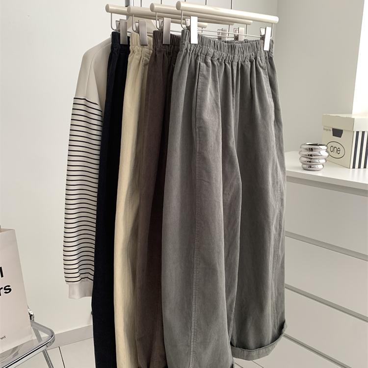 レディース レトロ コーデュロイ パンツ ワイドレッグ ストレート ゆったり カジュアル 9分丈 秋冬 細見え 普段使い 暖かみ 柔らかい素材x2
