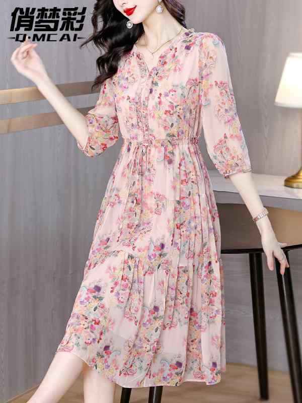 シフォンドレス　ワンピース　レディース 年齢を 感じさせにくい 花柄 七分袖 シフォンワンピース 2025夏 高級 お腹 周りを カバー スリム マザーズ ワンピース