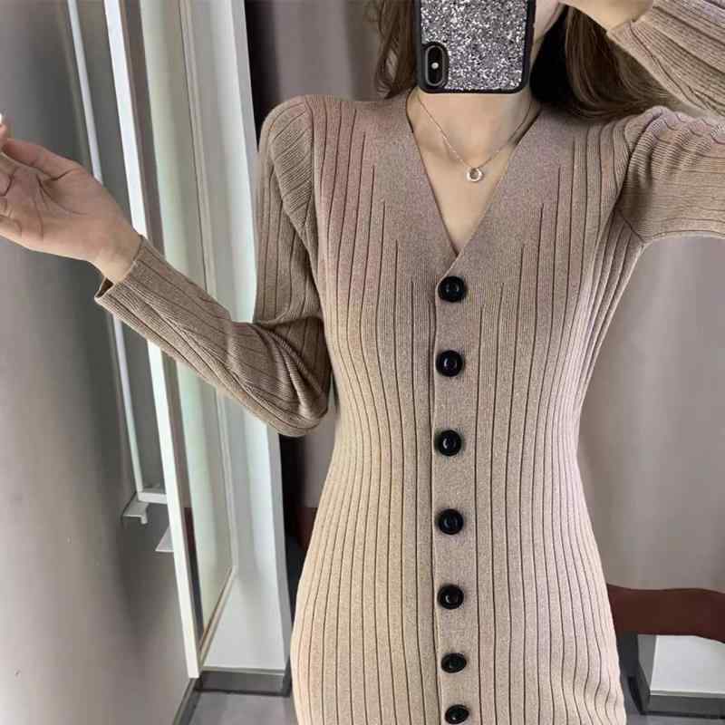 ワンピース レディース 秋冬 Vネック ニット スリムフィット 中長丈 シングルボタン 膝下丈 暖か素材 柔らかい デイリーウェア