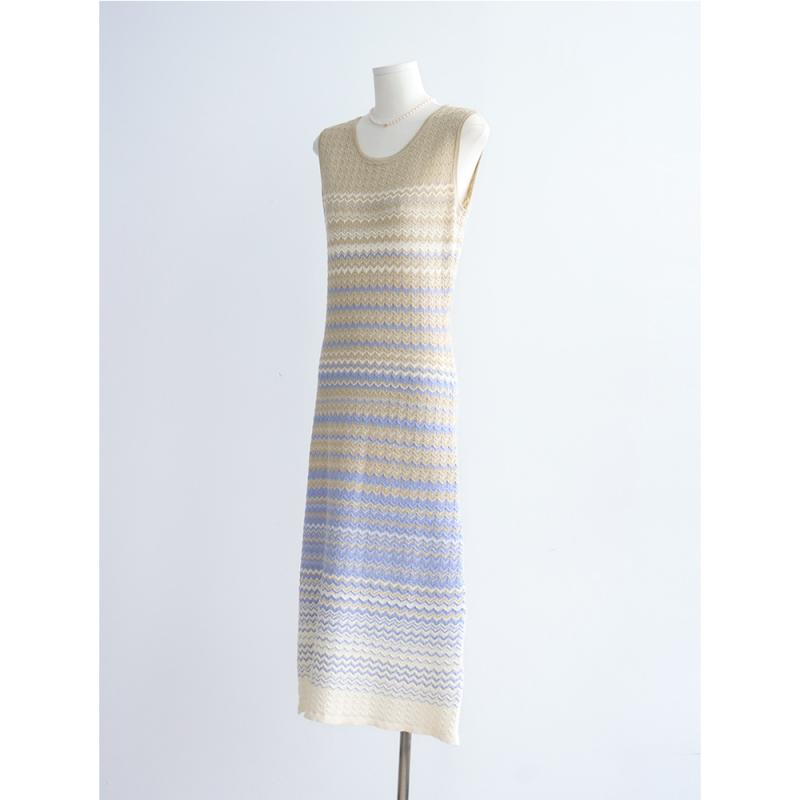 衣装 レディース 編み物 グラデーション リヨ独居室原材料 丸首 切りぬき ノースリーブ 春夏 ロング丈 か細い影ぼうし 軽さ 伸縮性 吸湿速乾 サラサラ肌ざわりx2