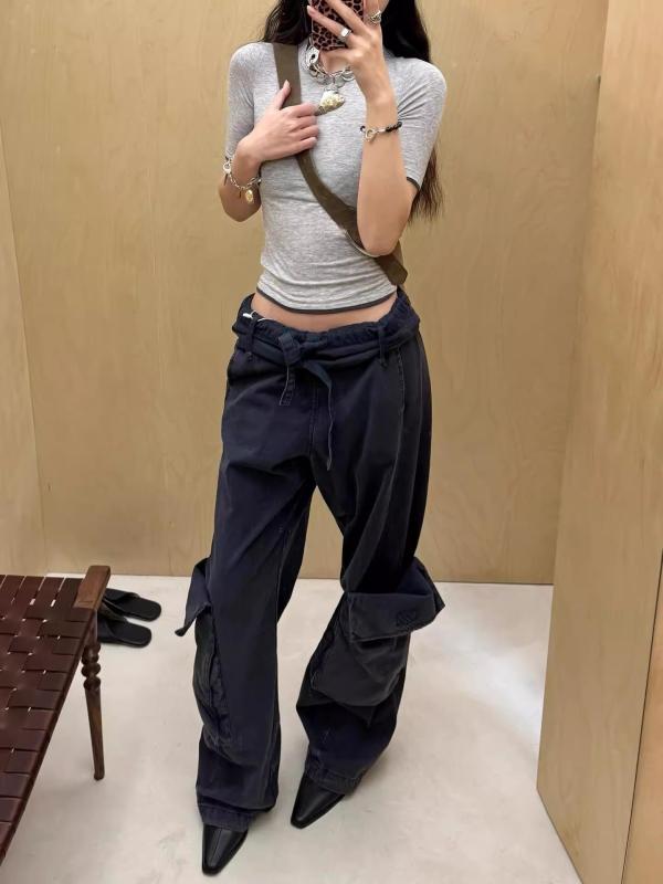ユニセックス カーゴパンツ ドローコード 大型ポケット 折りたたみ 古着風 ウォッシュ加工 個性的 スタイル 普段使い ボトムス ズボン