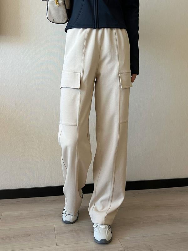 レディース カーゴパンツ スポーツスタイル ストレートレッグ 大型ポケット フィット ハイウエスト 秋冬 細見え カジュアル アウトドア 日常使い 軽量 ストレッチ コットン混 ブラック グレー ベージュ
