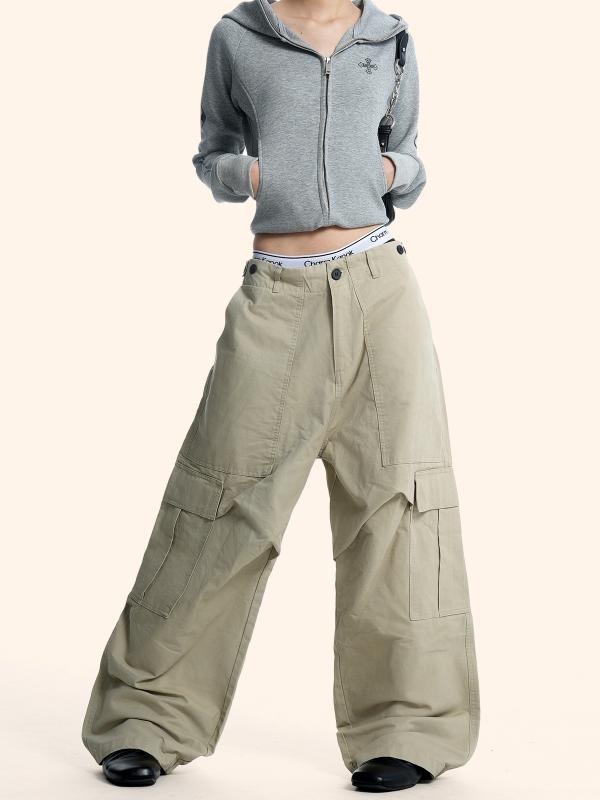 カーゴパンツ ユニセックス レトロ アメリカンスタイル 大型ポケット プリーツ 個性 ストリートファッション ストレート ワイドレッグ ロング カジュアル 普段使い ゆったりシルエット 通勤対応 軽量 伸縮性
