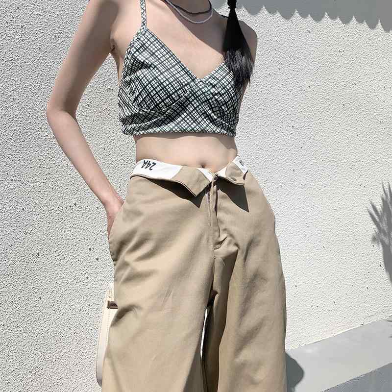 レディース 夏用 カーゴパンツ カーキ色 ゆったり ストレート 薄手 ロールアップ ストリート カジュアル 軽量 コットン混 デイリー 普段使い