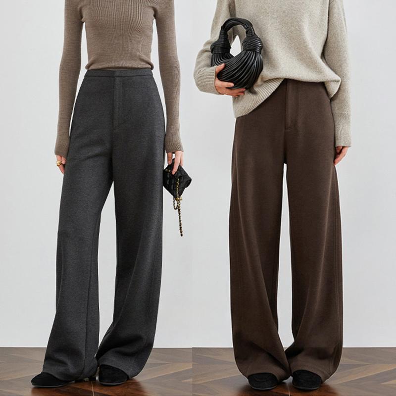 パンツ ハイウエスト ストレート ロング丈 厚手 ウール シルク 混紡 ドレープ 感 カジュアル スーツ風 黒 グレー 高身長対応 暖か ゆったり 履き心地 良い ボトムス 秋冬 普段使い