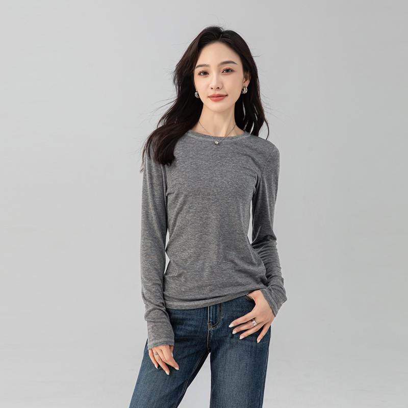 Tシャツ レディース 秋 ゆったり 長袖 グレー クルーネック レトロ 韓国 カジュアル インナー トップス カシミヤ フィット 柔らかい 普段使い レイヤード グレー系