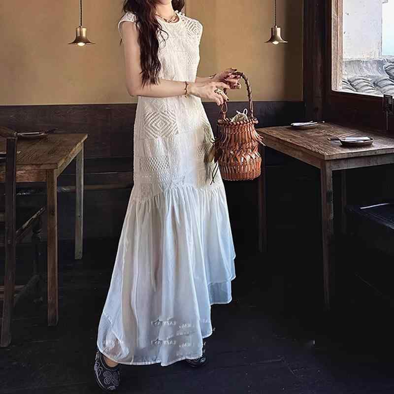 レディース ロングスカート ノースリーブ 透け刺繍 切り替え コットン 高級感 リゾート ドレープ 軽量 伸縮性 夏向け