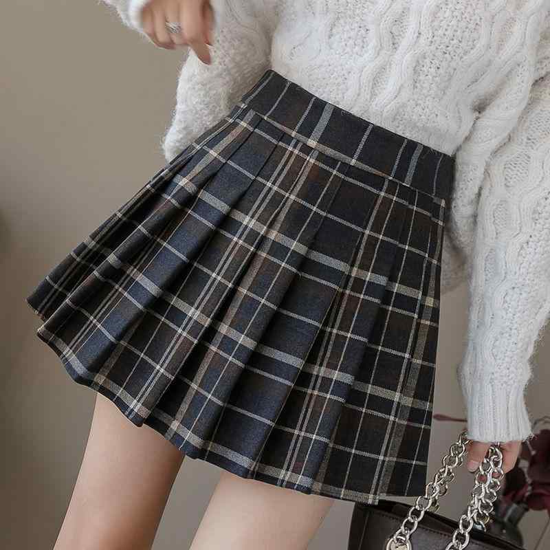 スカート 女性用 秋冬 プリーツ チェック柄 ウール Aライン ショート スリム ヒップカバー コーディネートしやすい 暖か素材 普段使い