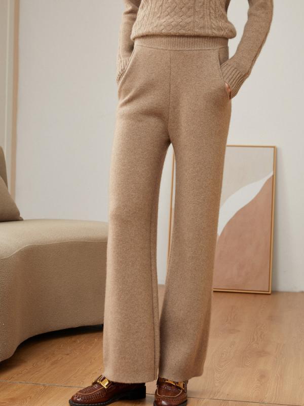 レディース 秋冬 カシミヤ ニット パンツ ワイドレッグ ハイウエスト ストレート 柔らかい ドレープ サイドポケット 暖か 高級感 ソフト 軽量