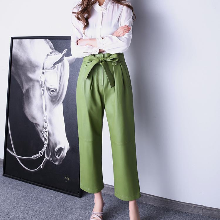 レディース パンツ ハイウエスト レザー 革 シープスキン ワイドレッグ ストレート ロングパンツ 春秋 蝶結び 紐 フリル 装飾 柔らか素材 暖かみ カジュアル 普段使い
