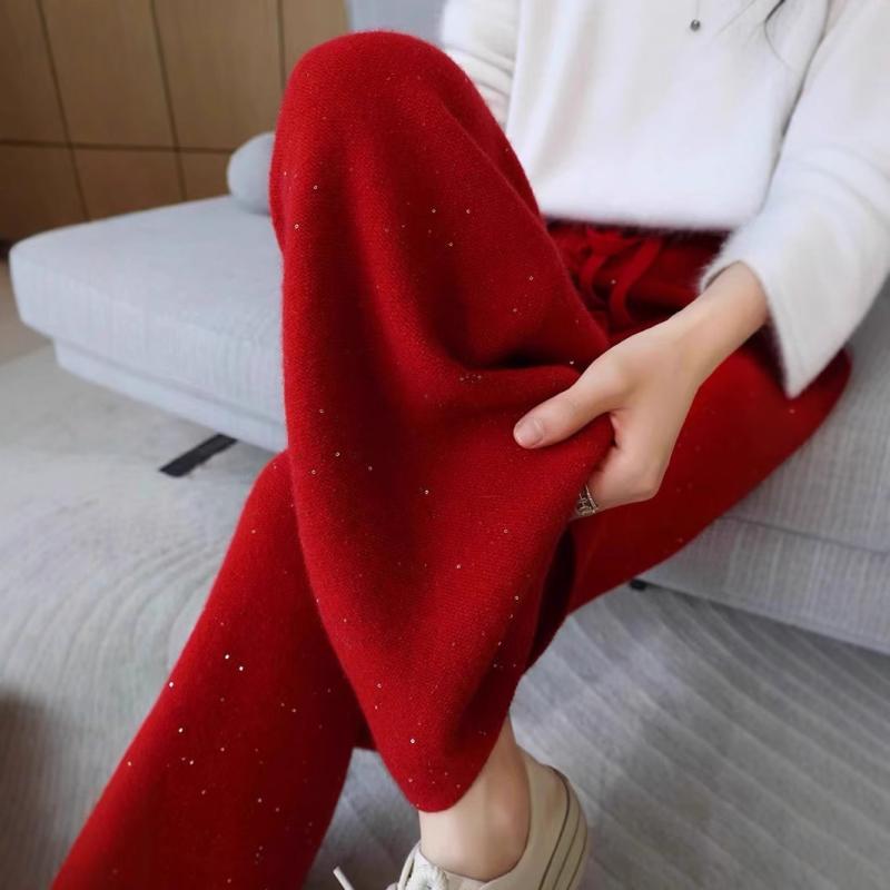 レディース 秋冬 暖か 厚手 カシミヤ ウール ニット パンツ ラメ 装飾 ワイドレッグ ドレープ ロング丈 ボトムス 普段使い カジュアル 伸縮性 柔らか素材