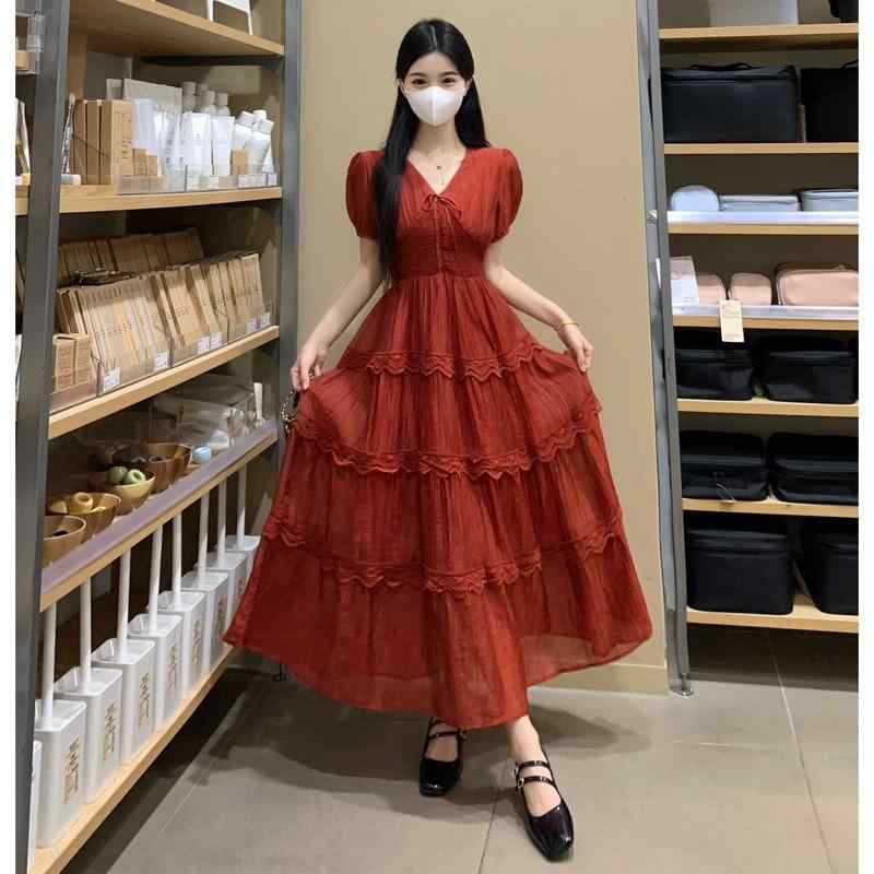 プリーツ ロング マキシ丈 きれいめ Aライン フレア 大人 シフォンドレス　ワンピース　レディース フランスの レトロ Vネックの 赤い ドレスの 夏 大きめ サイズ 太った mmの ウエスト カバー 腹の レースの シフォン ロング スカート