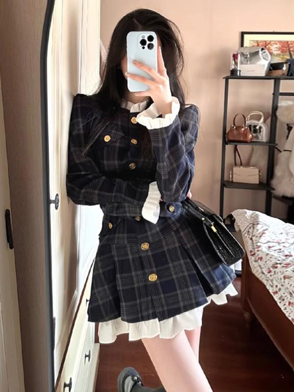 ワンピース レディース 学院風 チェック柄 プリーツ 高級感 かわいい スクールスタイル 通学用 普段使い コットン素材 軽量 伸縮性 膝丈 フレアシルエット