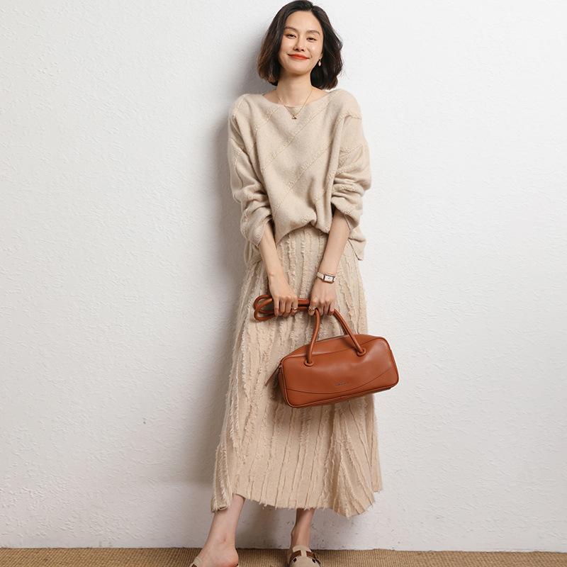 レディース 秋冬 ゆったり プリーツ ミディスカート フリンジ ニット ゴムウエスト ウール 素材 暖か 普段使い