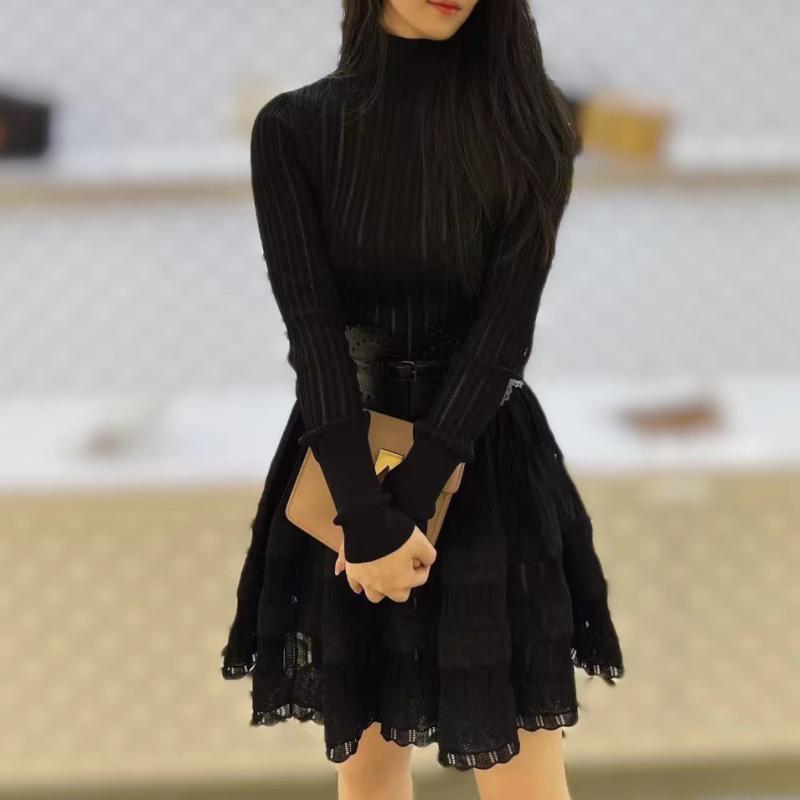 レディース ワンピース 長袖 ニット 秋 リブ編み ホロー 切り替え 収腰 スリム ハーフハイネック ショート丈 伸縮性 軽量x2｜バランスケア　店 19,472円