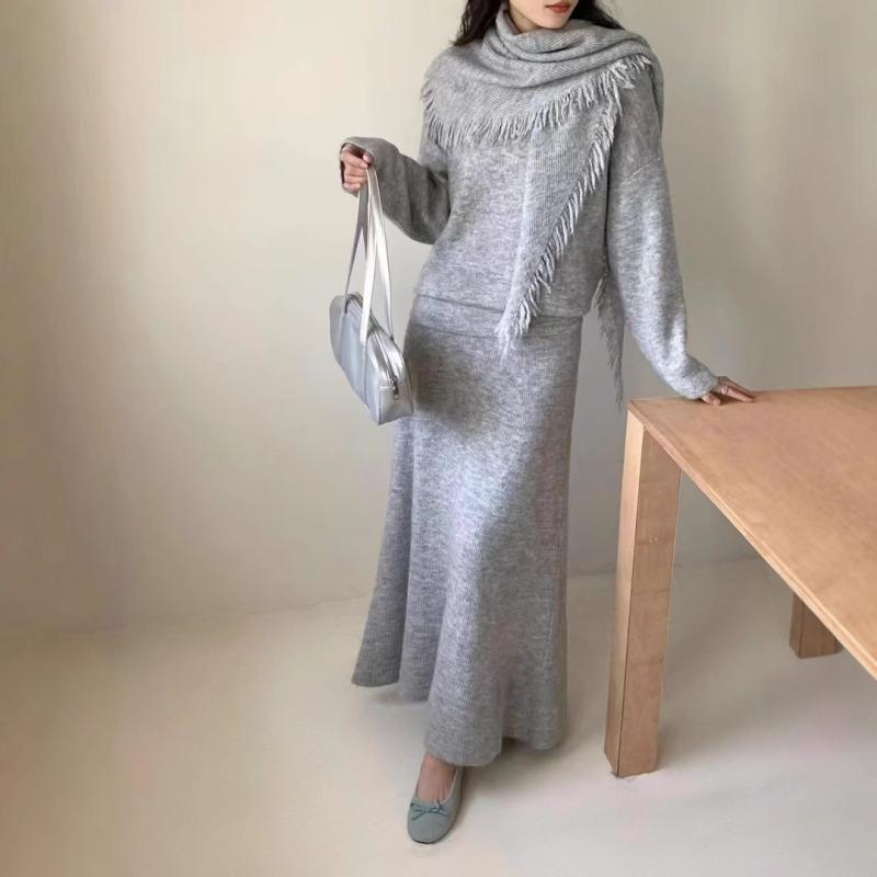 レディース 秋冬 韓国 ゆったり ニット プルオーバー セーター ラウンドネック トップス 伸縮ウエスト フィッシュテール スカート ミディ丈 2点セット カジュアル スタイル 暖か素材 ゆったりシルエットx2