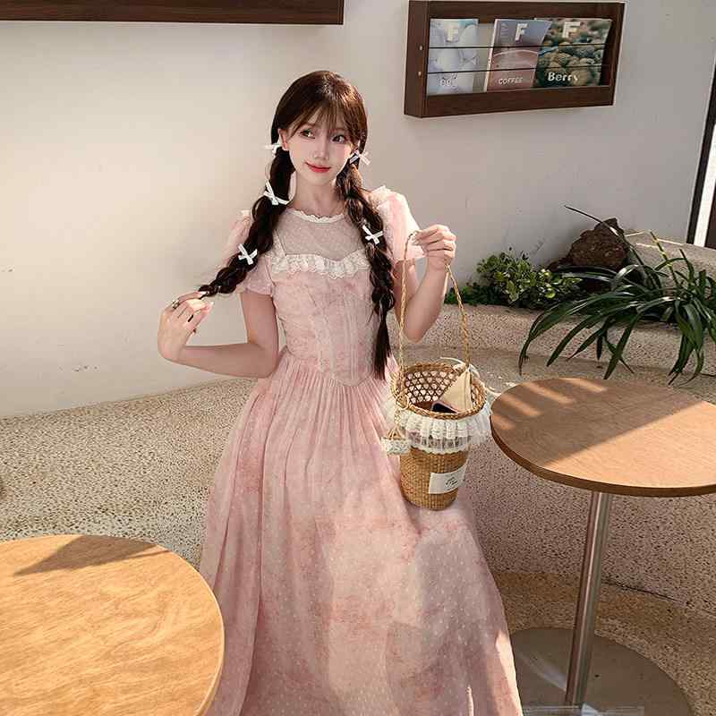 フレンチ ガーリー 口さかしい 刷り上げる柄 お姫様伝達ルート ロング丈 パフ衣袂 一点 水玉 衣裳 御召しもの