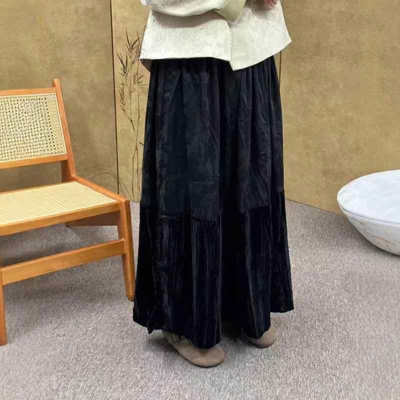 レディース 春 ゆったり Aライン スカート ベルベット 切り替え ジャカード柄 ゴムウエスト レトロ スリム見え 合わせやすい 普段使い カジュアル スタイル