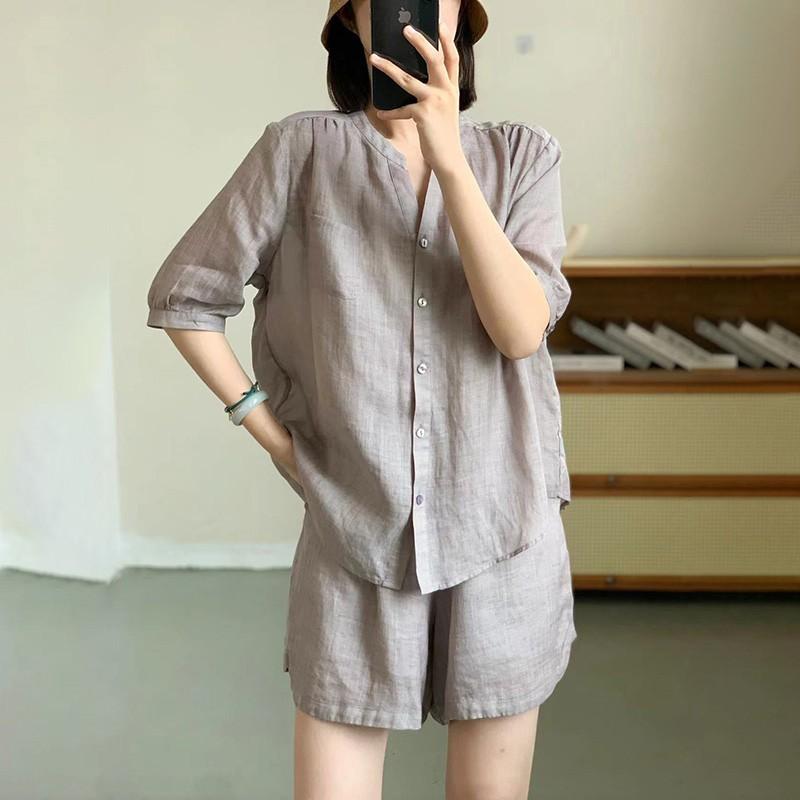 おしゃれ カジュアル 無地 薄手 秋服 シャツ オシャレ 夏の ファッション 高級 コットンと リネンの シャツ カジュアル ショート パンツ 大きめ サイズ レディース 服 やや 太めの mm 肉を カバー した スーツ