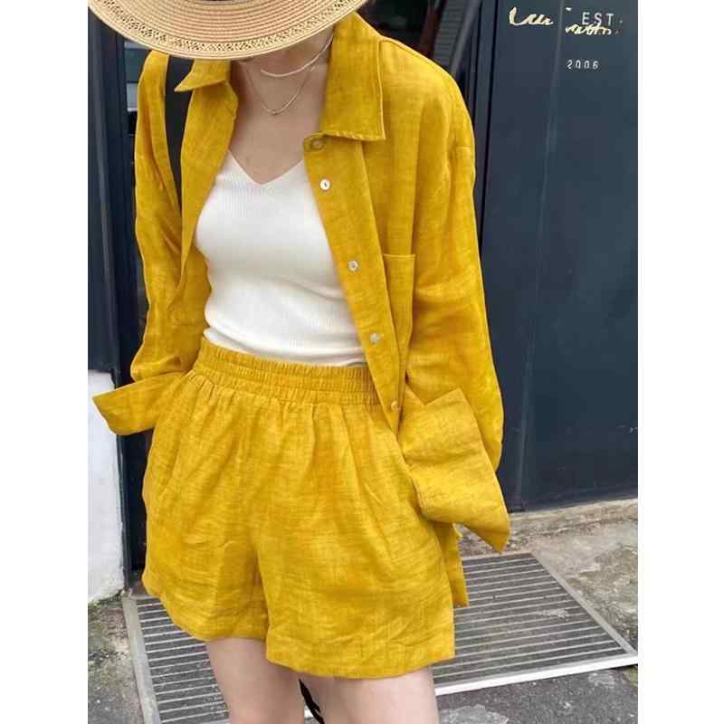 おしゃれ カジュアル 無地 薄手 秋服 シャツ オシャレ オールド マネー コットンと リネンの レディース 高級 スーツ カジュアル バケーション シャツ ショート パンツ 夏 イエロー リネン 日焼け防止 着用