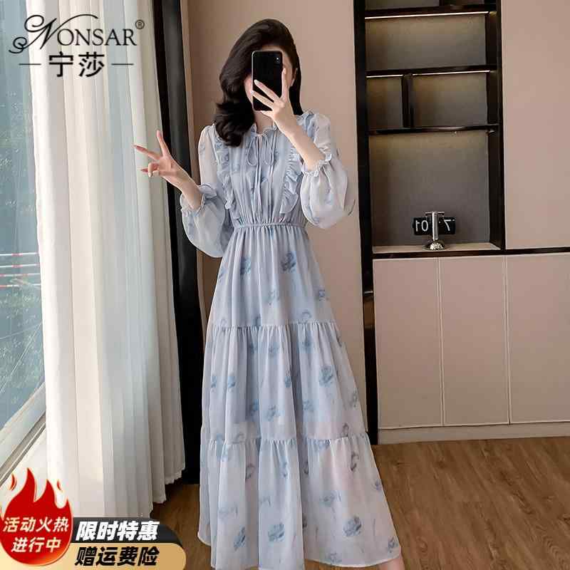きれいめ 体型カバー 上品 かわいい シフォンドレス　ワンピース　レディース 青い 花柄 シフォンワンピース レディース 服 早春 2025 ミディアム ロング スタイル ドレープ スモール 秋