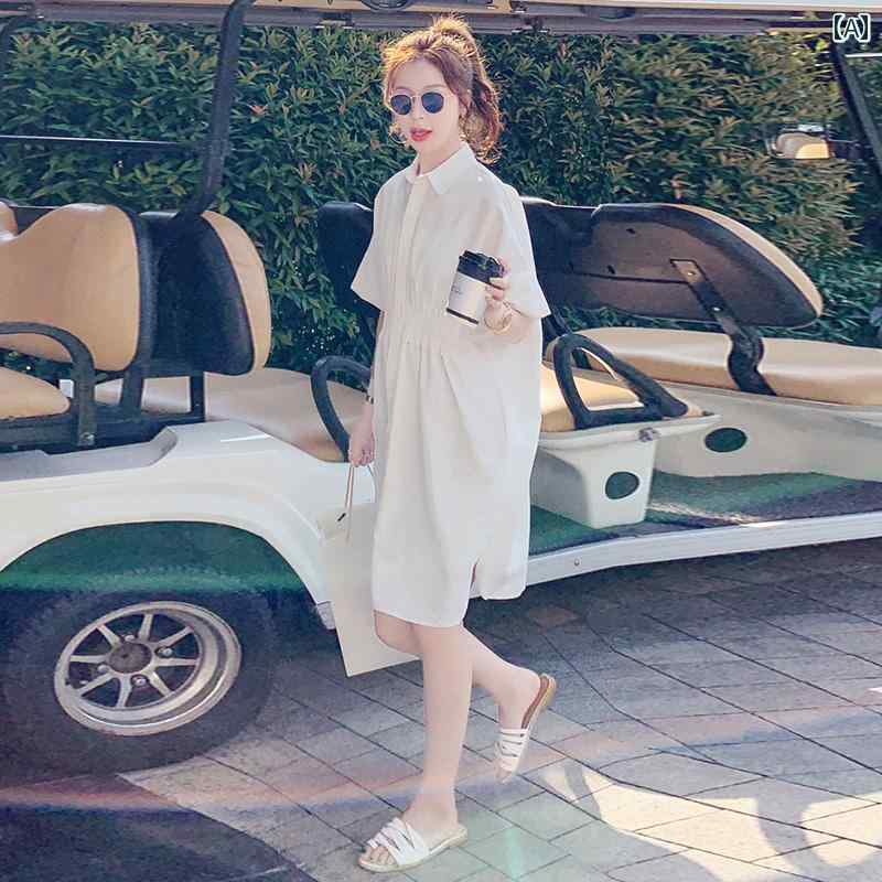 ホワイト ドレス レディース 2024 夏 ゆったり ミディアム ロング 大きいサイズレディース 服 妊婦 半袖 シャツ|バランスケア 店