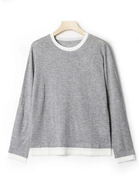 レディース ニットTシャツ 長袖 ゆったりシルエット フェイクライヤード 二重領 秋 通勤用 休日用 トップス セーター風 コットン混 軽量 伸縮性x2