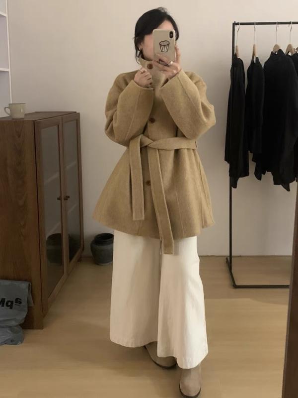 コート レディース 中長丈 スタンドカラー 両面 ウール 高級感 小柄対応 秋冬 アウター 暖かみ ソフト素材