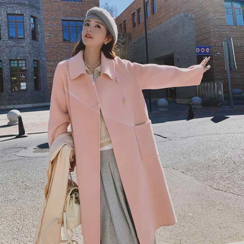 コート レディース ピンク ウール ロングコート 冬 韓国 スタイリッシュ 上品 女性らしい 洗練 毛織り アウター 暖か 軽量 ファッション