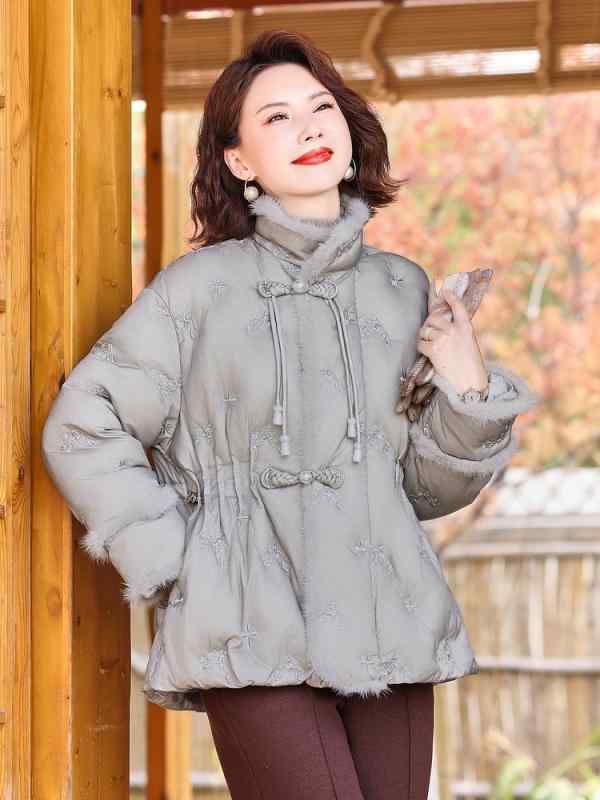 ダウンコート レディース 女性 冬用 中国風 ショート丈 ホワイトダックダウン 白 水ファー 毛領 軽量 防寒 保温 高級感 普段使い スタイリッシュ
