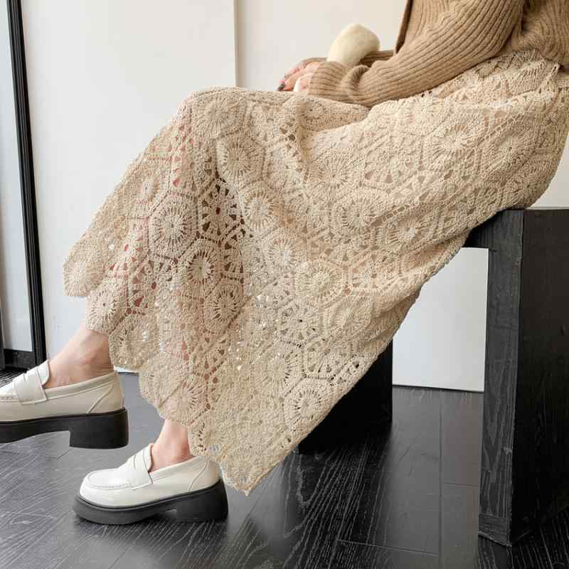 スカート レディース 秋 ミディ丈 レース ハイウエスト Aライン 刺繍 透け感 包臀 スリム見え 軽量 伸縮性x2