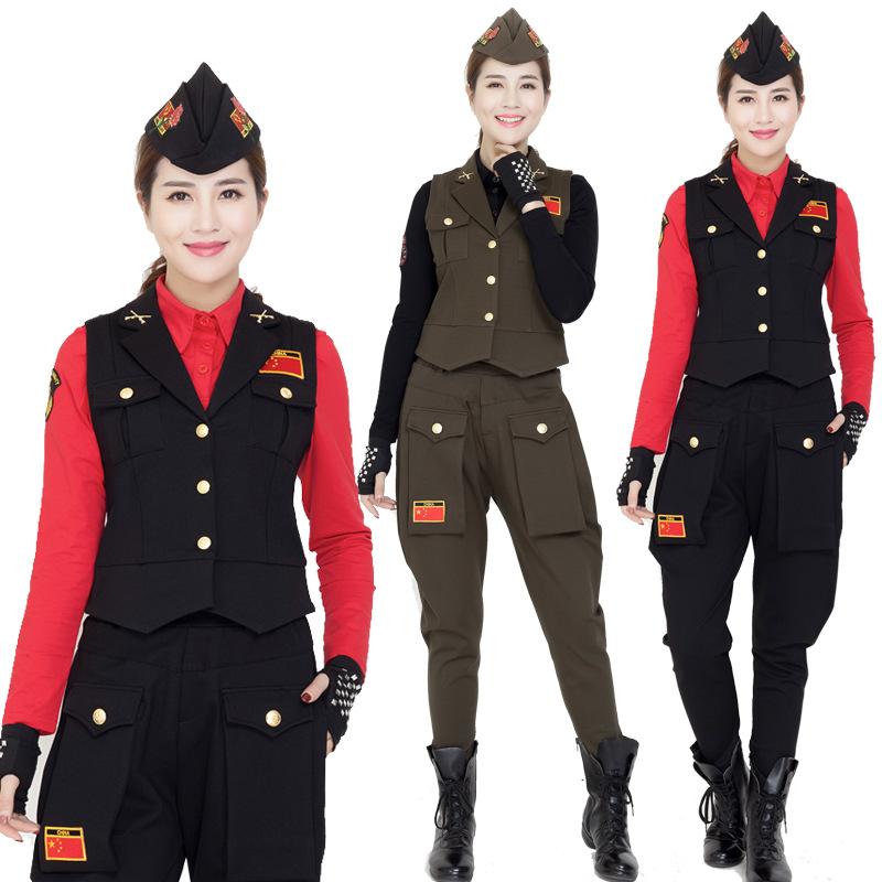 レディース ベスト セーラーダンス 軍緑 クラシック 広場ダンス チーム用 ステージ パフォーマンス 衣装 トップス 女性用 ダンスウェア 演出服 肩掛け 上着x2