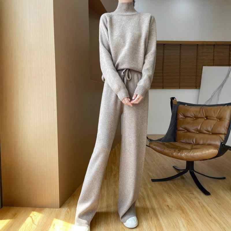 レディース 厚手ウール ニットセーター フリルネック トップス ゆったりワイドパンツ 2点セット 秋冬 普段使い 暖か素材