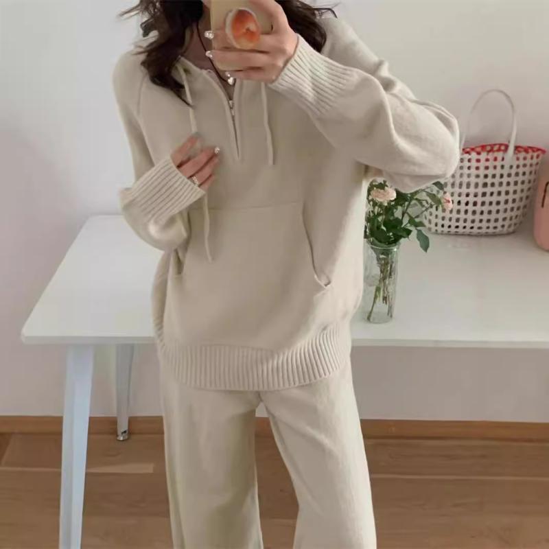 秋冬 レディース ニット セット フード付き トップス ワイドレッグ パンツ スリム効果 伸縮性 暖かみ ゆったりシルエット コットン混 普段使い