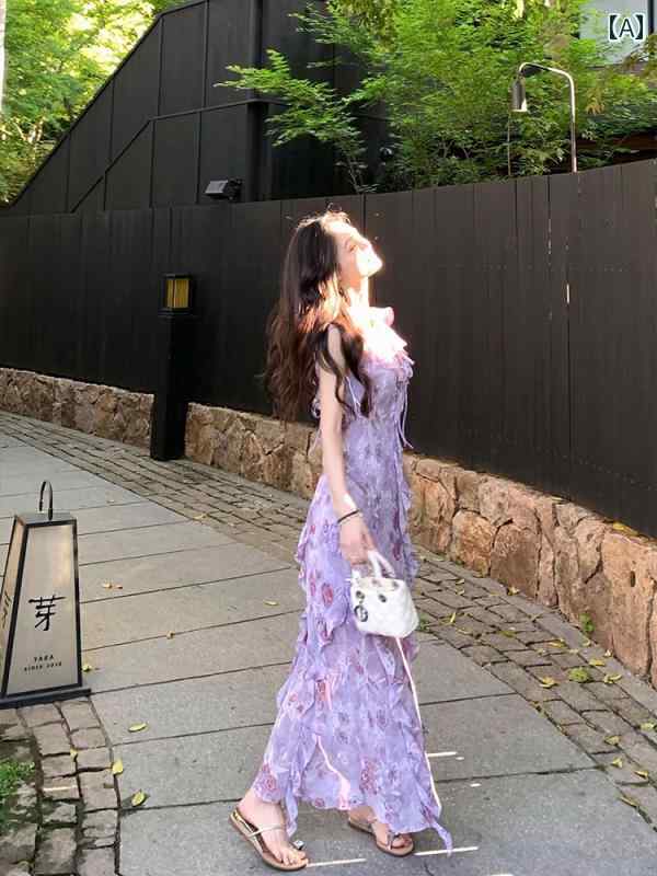 プルオーバー衣装 レディース 長袖 白 執務室 リン ヤナー ジョーゼット パープル フレンチ フラウンス ズボン吊り お召しもの レディース 夏 か細い填まる 公休日 ロング スコート