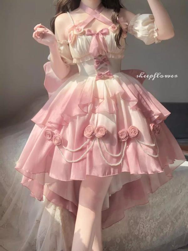 かわいい 姫様 変装 仮装 ロリータ服 ふんわり ワンピース ロリータ　ドレス　コスプレ グラデーション ピンクの ライト ウェディング フロント ショート バック ロング ロリータ ファイン グリッター ロ スカート ふわふわ ヘビー プリンセス 女性用