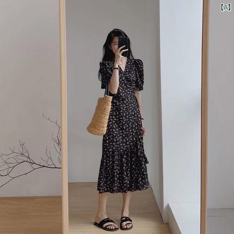 駅 2025 ティーブレイク フレンチ ロング スカート レトロ パフスリーブ 花柄 ワンピース 女性 夏