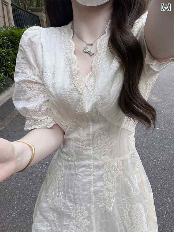 レディース ワンピース かわいい 女性用 ロング スカート 夏の ティーブレイク フレンチスタイル 美しい 小柄 海辺での 休暇 白い レースの フェアリーの ドレス|バランスケア 店