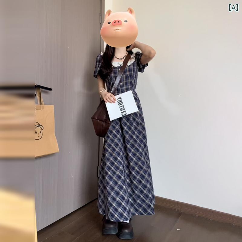 ワンピース ロングワンピース マキシワンピース 韓国 レトロ チェック 柄 スクエアネック パフスリーブワンピース レディース 2025夏 スモール カレッジ 風 ロング スカート