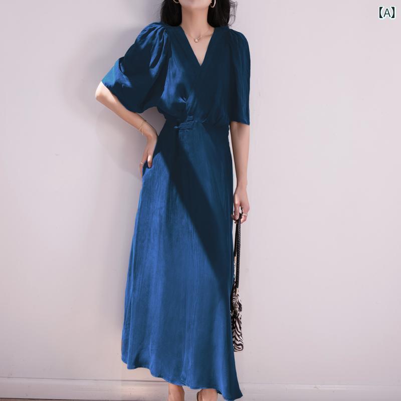 今だけSALE 上品 体型カバー 大人かわいい フランスの レトロ 孔雀の 青い 銅 アンモニア シルクの ロング スカート ドレス 女性 夏 欣 チャイナ風 ボタン 付き Vネック スリム aライン 11,016円