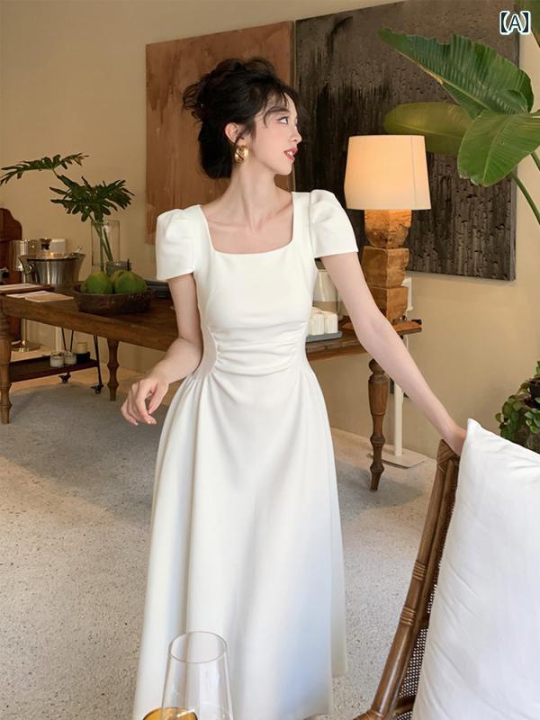 ワンピース 半袖 ロングワンピース 女性用 ホワイト 半袖 ワンピース 夏の ティーブレイク フレンチスタイル 小さい サイズ 高級 感 ウエスト 丈 スリム 小さめの ロング スカート｜バランスケア　店