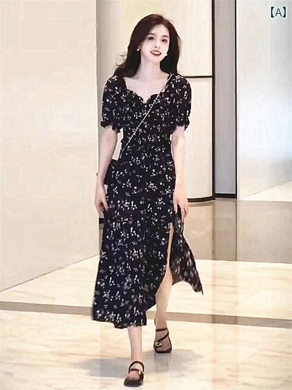 ワンピース ロングワンピース マキシワンピース 花柄 ドレス レディース 2024 夏 フレンチ パフスリーブ 大きいサイズ 黒 スリット ウエスト スリム ロング スカート