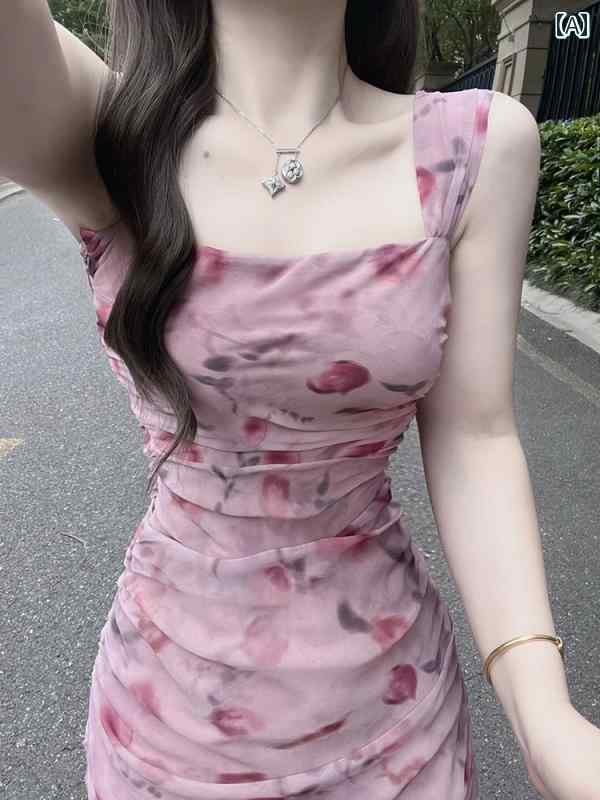 レディース ワンピース かわいい 夏の 女性用 ピンクの サスペンダー ドレス。 フレンチスタイル 美しい 高級 スリム ウエスト ヒップに ぴったり フィット する 花柄 ロング スカート。|バランスケア 店