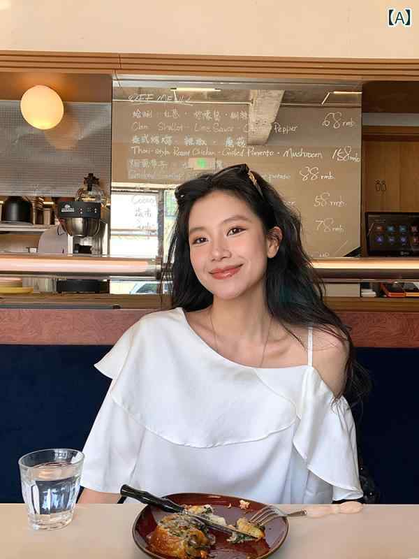 涼感ひんやり 夏シャツ 大人上品 美シルエット DaqianwithU オフショルダー 半袖 サテン トップス レディース フリル エッジ 夏 ゆったり シャツ
