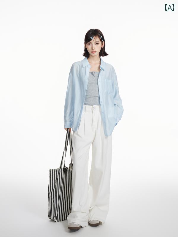 涼感ひんやり 夏シャツ 大人上品 美シルエット スカイブルーの製 日焼け防止 シャツ ジャケット レディース 夏用 薄手 ゆったり アウターシャツ シルク カーディガン ライト トップス