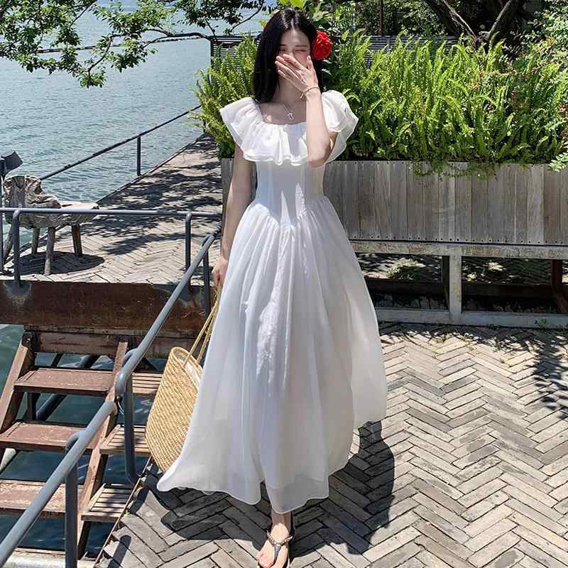 真っ白い レディース 夏  ロング丈 酉の方角目じるし 真四角素っ首 フラウンス オフショルダー フラッター袖 A伝達ルート 衣装
