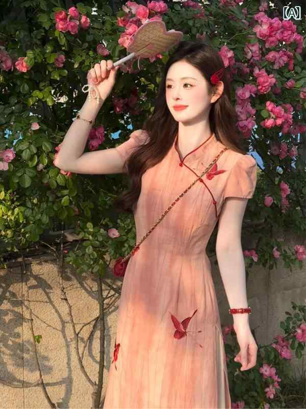 ドレスワンピース ロングスカート ドレス 七 奇 ヘンマン 南 鳳 里 チャイナ風 蝶 刺繍 チャイナ ドレス 2025夏 プリーツ スリム