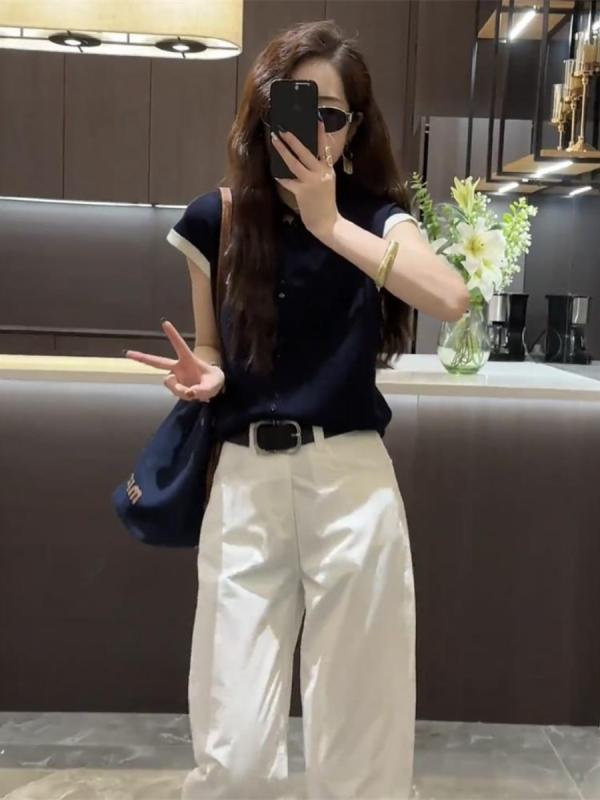 スーツ　ツーピース　レディース の ストリート ファッション ポロ カラー ニット Tシャツ レディース 万能 スリム ストレート カジュアル ワイド レッグ パンツ スーツ