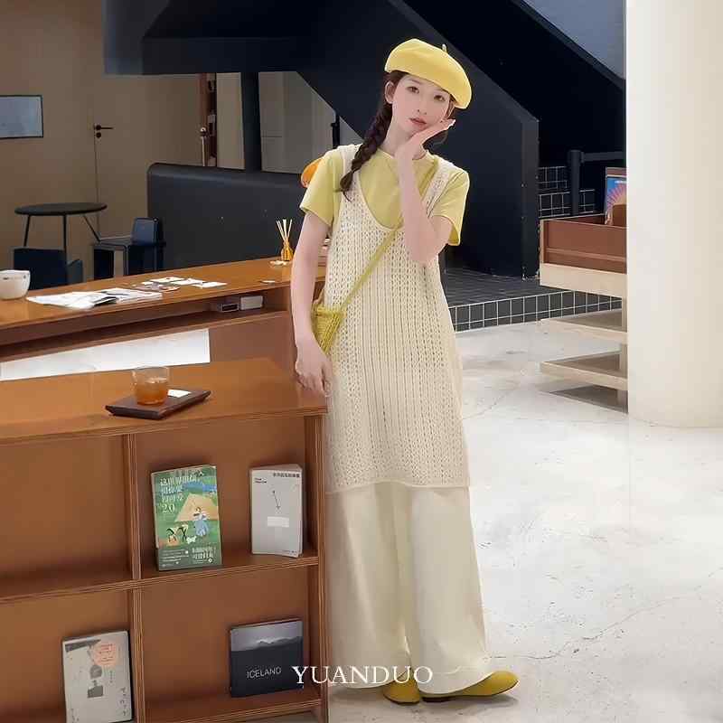 ニット　ツーピース　レディース 塩味の ある 服装の スリーピーススーツ シンプル Tシャツ ニット ベスト ワイド レッグ カジュアル パンツ な 夏の 服装 スーツ 女性用