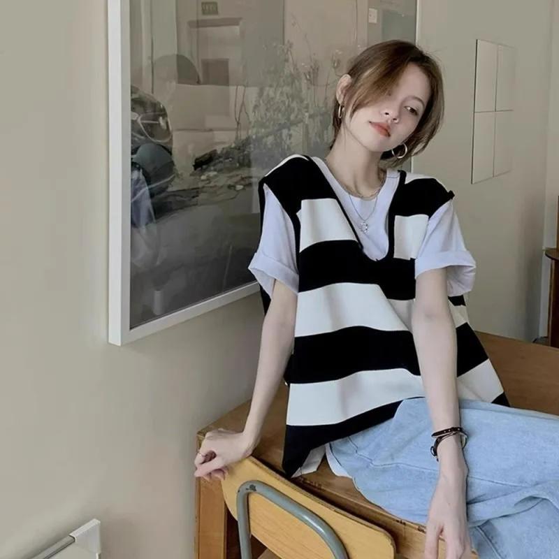 レディース ビッグサイズ トップス 短袖 Tシャツ ストライプ柄 正肩 切り替え フェイクツーピース ゆったり お腹カバー 夏用 吸湿速乾 カジュアル 普段使い